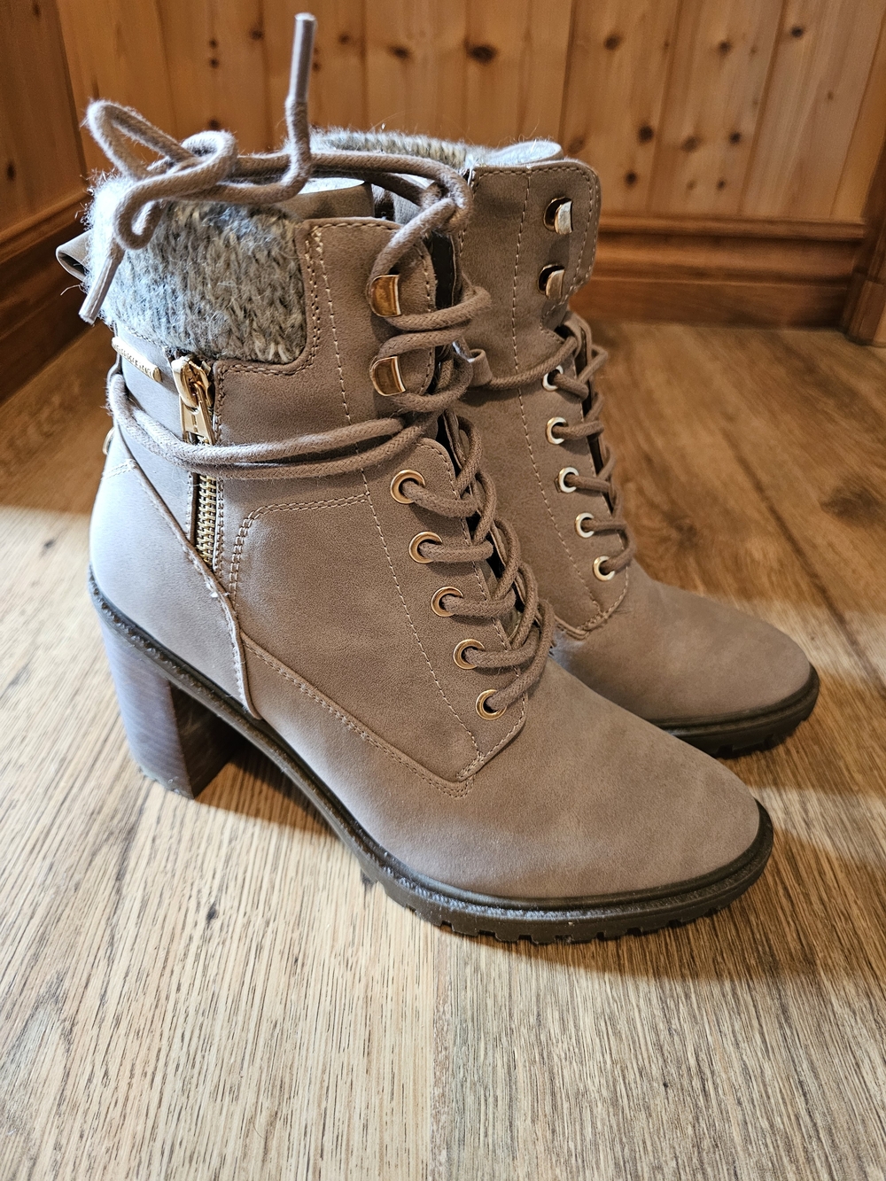 Taupe Lace-Up Knit-Cuff Block Heel Ankle Boots